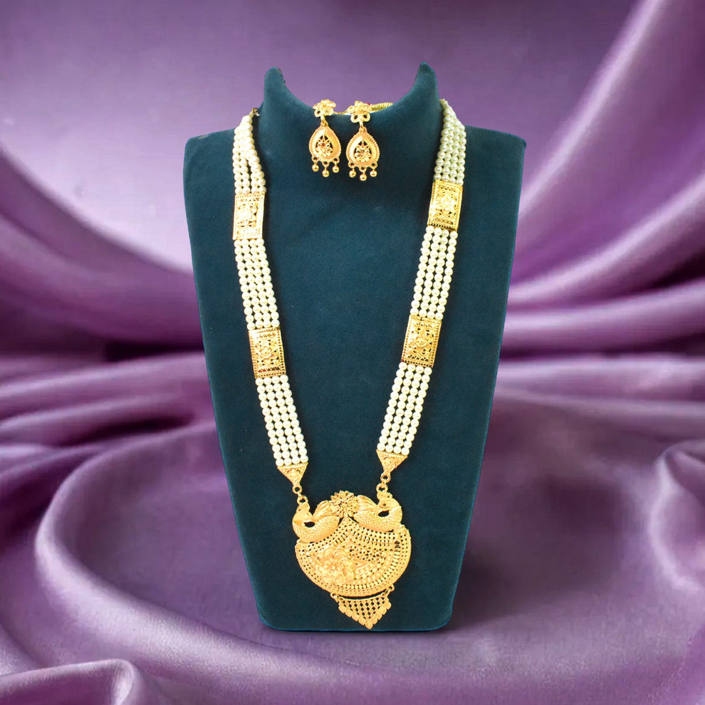 Elegant Gold-Plated Moti Haar with Intricate Peacock Pendant & Matching Earrings