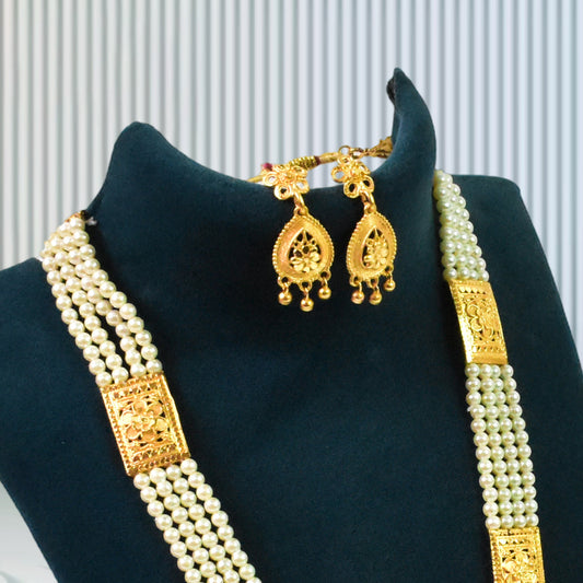Elegant Gold-Plated Moti Haar with Intricate Peacock Pendant & Matching Earrings