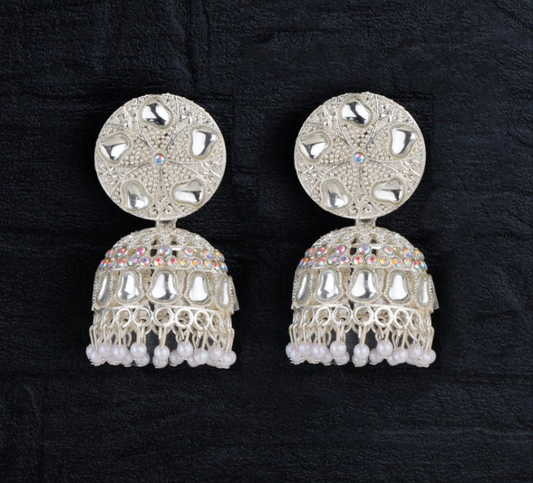 Sparkling Silver-Tone Pearl Jhumka Earrings