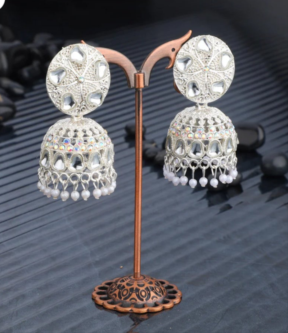 Sparkling Silver-Tone Pearl Jhumka Earrings
