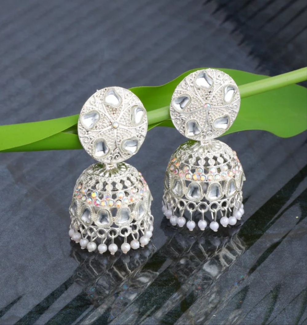 Sparkling Silver-Tone Pearl Jhumka Earrings