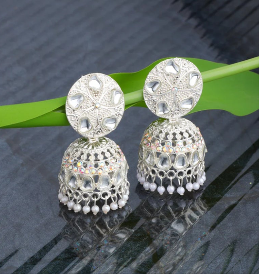 Sparkling Silver-Tone Pearl Jhumka Earrings