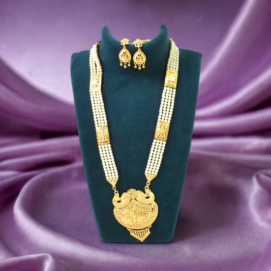 Elegant Gold-Plated Moti Haar with Intricate Peacock Pendant & Matching Earrings